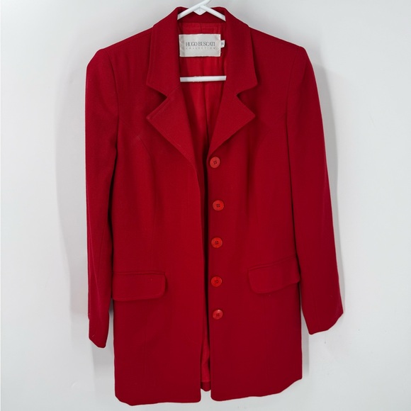 Hugo Buscati collection 100% wool hidden button closure long red blazer jacket 2 - Picture 3 of 9